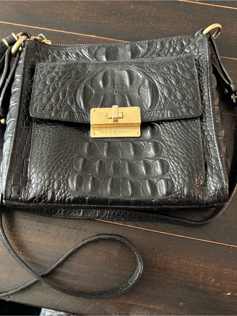 Brahmin Black Croc-Embossed Leather Crossbody with Gold Turn-Lock